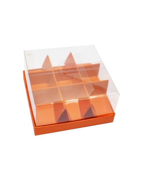 Pralinen-Sichtbox 9er orange, inkl. beschichtetem Stegeinsatz und Stülpdeckel